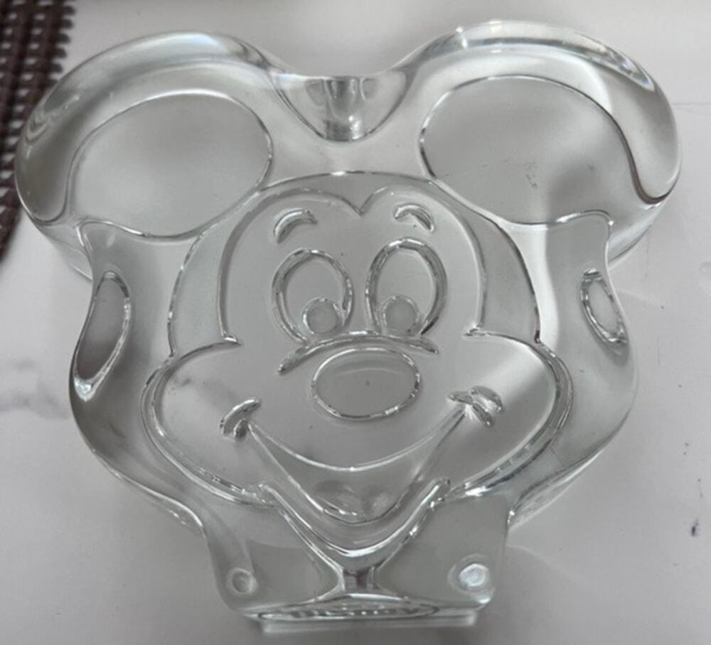 Vintage Disney Mickey Mouse Clear Glass Paperweight Office Gift Collector Retro